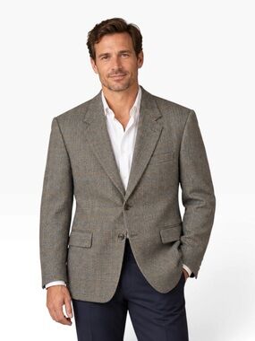 VTG Evan Picone Mens 42R Lambswool Glen Plaid Sport Coat Blue Tan Windowpane